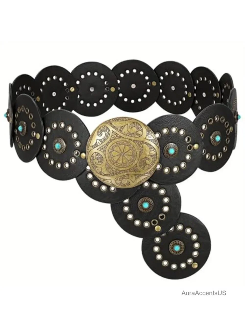 Women's PU Leather Concho Belt with Turquoise Discs - Boho Western Cowgirl